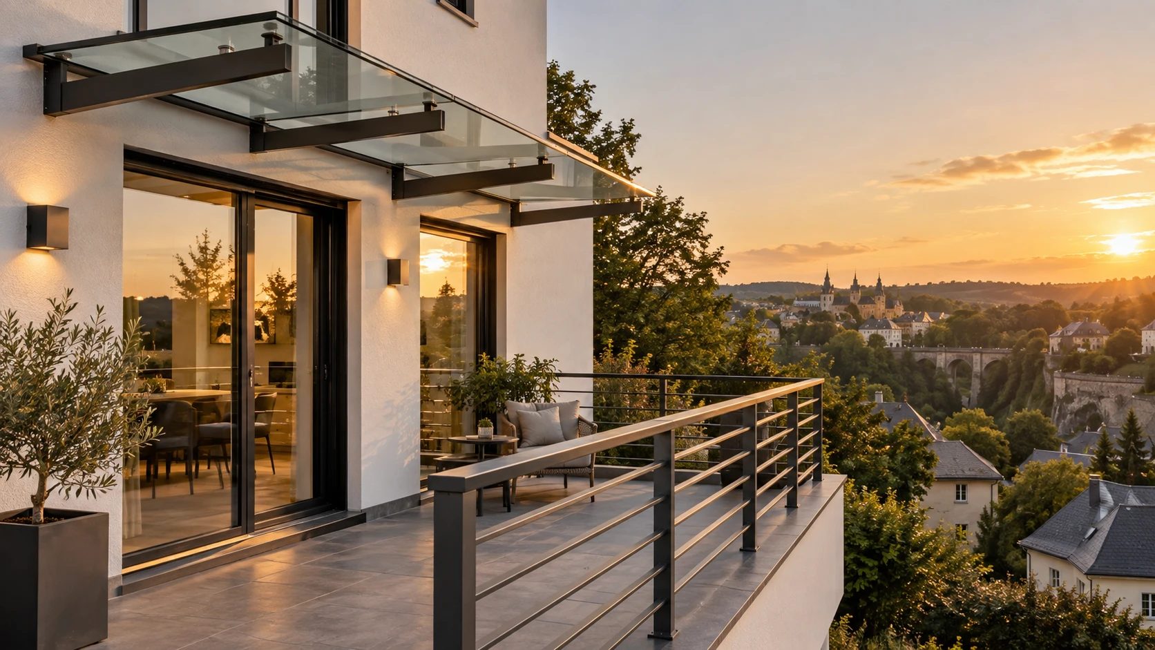 Balkon mit Stahlgeländer und Glasvordach mit Blick über Luxemburg