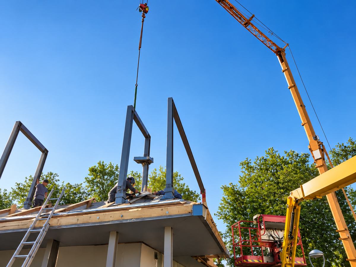 Stahlbauteile werden per Kran montiert