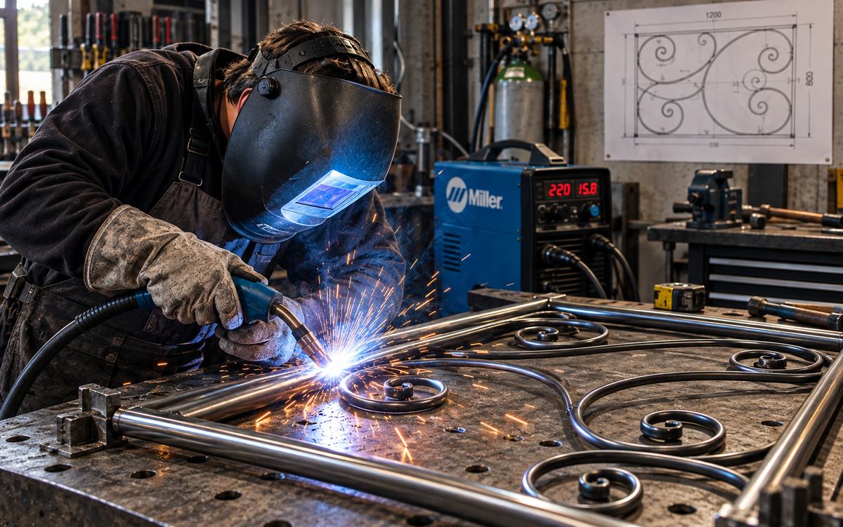 Schweißen eines geschmiedeten Ornaments in der Werkstatt